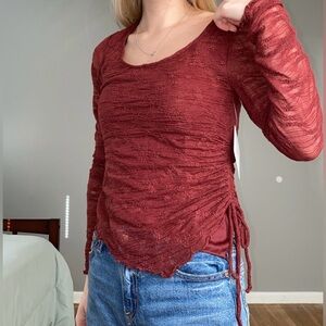 Chic Ruched Long Sleeve Top in Burgundy